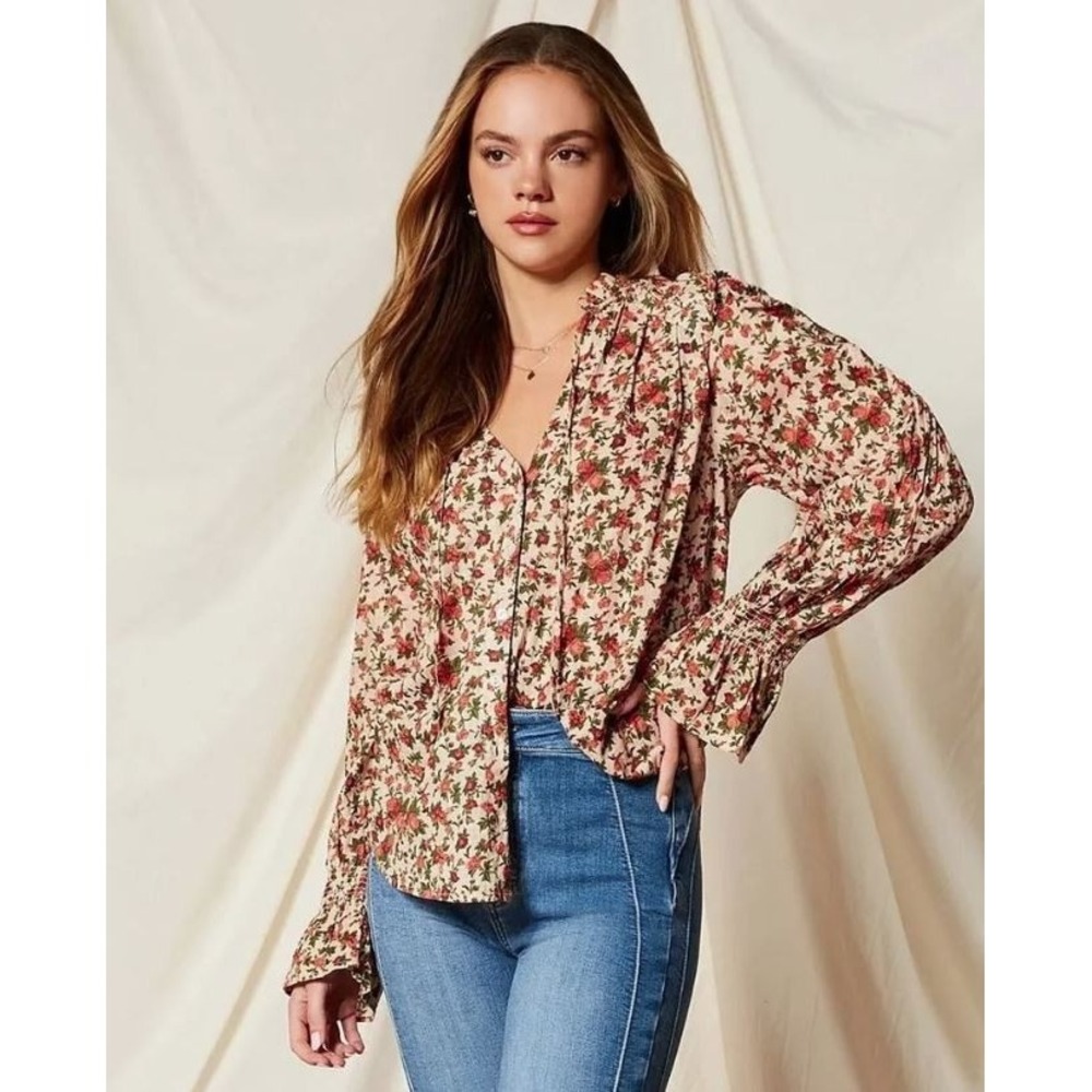 Free People Women's Tie Neck Meant to Be Floral Cotton Blouse Vintage Combo XL